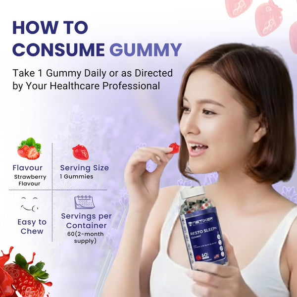 nETiXER Resto Sleep+ Gummies – Melatonin 5mg, Valerian Root 30mg, Chamomile, Lavender | with Vitamin C, E, B1, B2, B3, B5, B6, B12 | 60 Vegan Gummies | Strawberry Flavor | Individually Wrapped