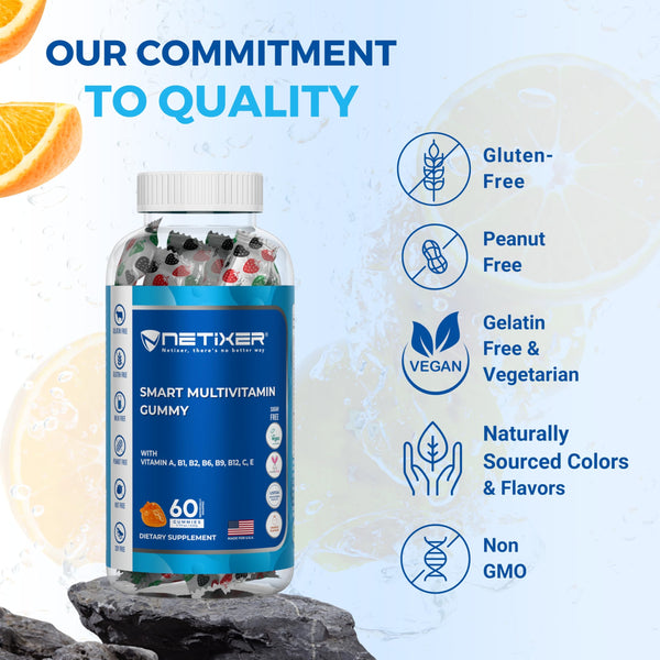 nETiXER Multivitamin Gummies – 60 Vegan Berry Gummies with Vitamins A, C, D, E, B12, Biotin, Zinc, Iodine – Gelatin-Free, Gluten-Free, Non-GMO – No Artificial Colors or Flavors | Individually Wrapped
