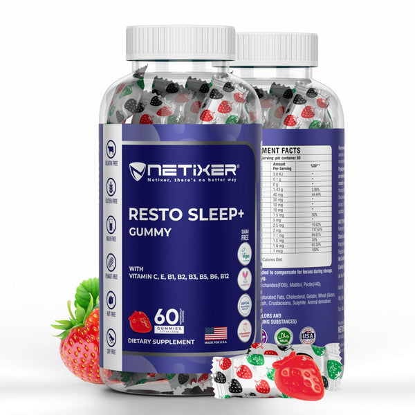 nETiXER Resto Sleep+ Gummies – Melatonin 5mg, Valerian Root 30mg, Chamomile, Lavender | with Vitamin C, E, B1, B2, B3, B5, B6, B12 | 60 Vegan Gummies | Strawberry Flavor | Individually Wrapped