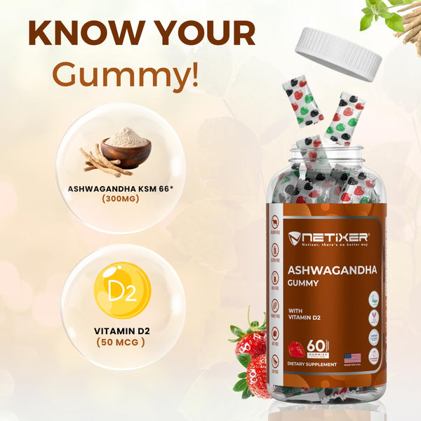 nETiXER Ashwagandha Gummies – Vegan, Strawberry Flavor – with KSM-66 300mg & Vitamin D2 50mcg – Gluten-Free, Gelatin-Free, Non-GMO – 60 Gummies – Adaptogen Supplement for Adults