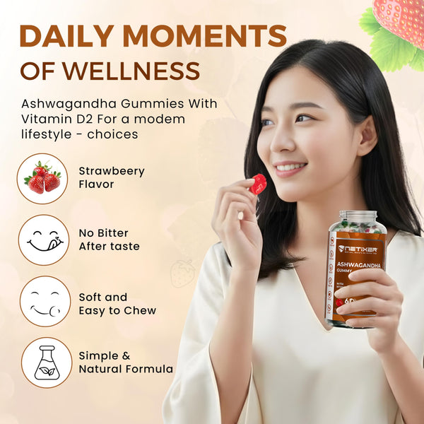 nETiXER Ashwagandha Gummies – Vegan, Strawberry Flavor – with KSM-66 300mg & Vitamin D2 50mcg – Gluten-Free, Gelatin-Free, Non-GMO – 60 Gummies – Adaptogen Supplement for Adults