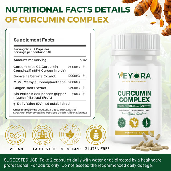 VEYORA Curcumin Complex 1000mg | Curcumin 95% + Boswellia + MSM | 60 Vegan Capsules