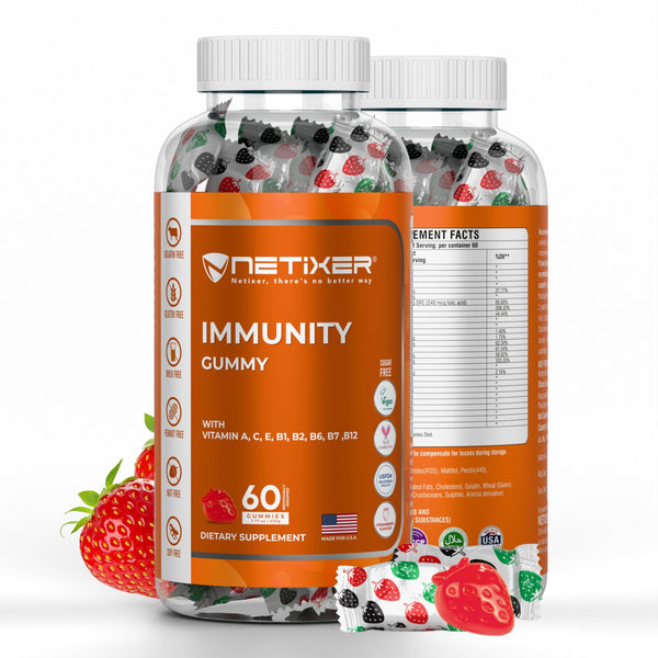 nETiXER Immunity Gummies – 60 Vegan Berry Gummies with Vitamins A, C, D, E, B12, Biotin, Zinc, Iodine – Gelatin-Free, Gluten-Free, Non-GMO – No Artificial Colors or Flavors | Individually Wrapped