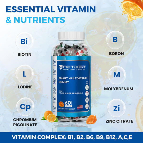 nETiXER Multivitamin Gummies – 60 Vegan Berry Gummies with Vitamins A, C, D, E, B12, Biotin, Zinc, Iodine – Gelatin-Free, Gluten-Free, Non-GMO – No Artificial Colors or Flavors | Individually Wrapped