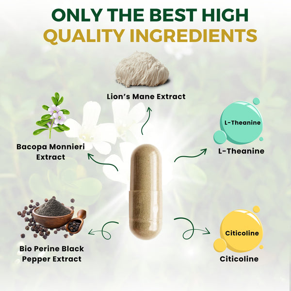 VEYORA Lion's Mane Complex 1000mg | Bacopa + Citicoline | 60 Vegan Capsules
