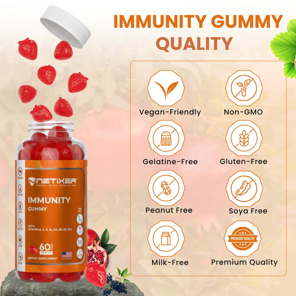 nETiXER Immunity Gummies – 60 Vegan Berry Gummies with Vitamins A, C, D, E, B12, Biotin, Zinc, Iodine – Gelatin-Free, Gluten-Free, Non-GMO – No Artificial Colors or Flavors | Individually Wrapped