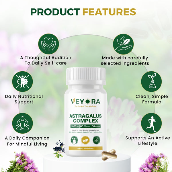 VEYORA Astragalus Complex 1000 mg | Astragalus Root, Elderberry & Beta-Glucans | with Vitamin D3, K2, Zinc & Selenium | 60 Vegan Capsules | Made for USA