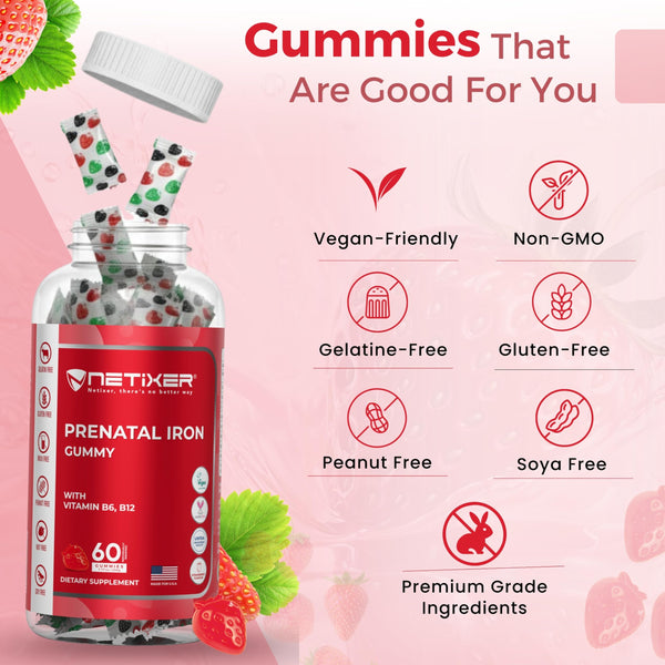 NETIXER Prenatal Iron Gummies – 60 Vegan Gummies | Iron 30 mg, Folic Acid 400 mcg, Vitamin B6 & B12 | Pregnancy Vitamins for Women | Gelatin-Free, Gluten-Free | Individually Wrapped, Strawberry Flavor