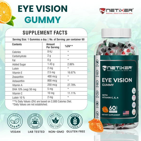 nETiXER Eye Vision Gummies – 60 Berry-Flavored Vegan Gummies with Lutein, Zeaxanthin, Astaxanthin, DHA, Vitamins A, C, E – Gelatin-Free, Gluten-Free | Individually Wrapped