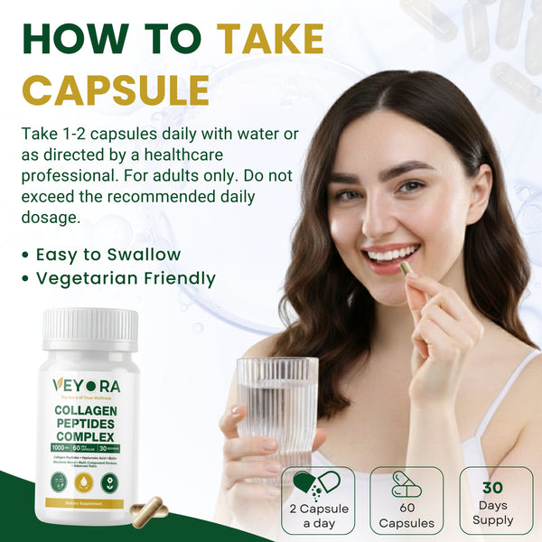 VEYORA Collagen Peptides Complex 1000mg | Vegan Collagen + Hyaluronic Acid + Biotin | 60 Vegan Capsules