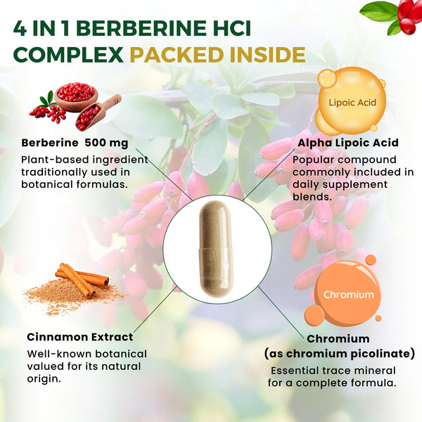 VEYORA Berberine HCl Complex 1000mg | Berberine + Cinnamon + Chromium | 60 Vegan Capsules