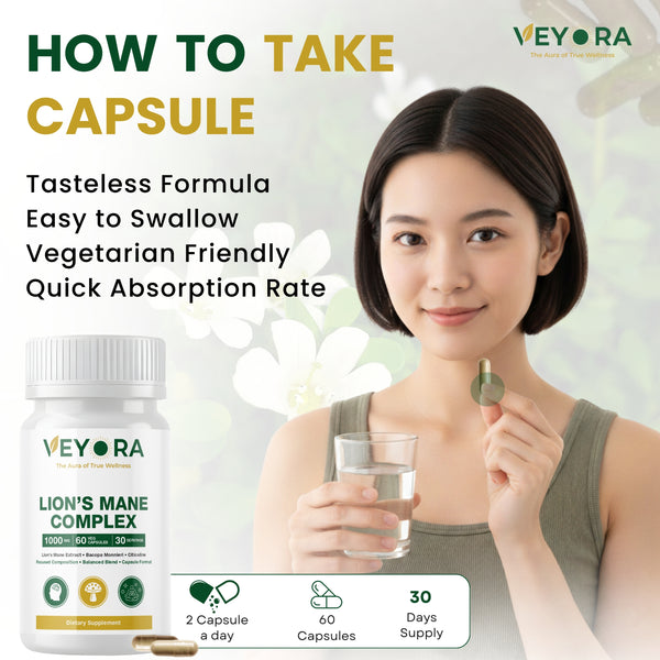 VEYORA Lion's Mane Complex 1000mg | Bacopa + Citicoline | 60 Vegan Capsules