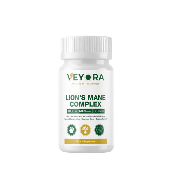VEYORA Lion’s Mane Complex 1000 mg | 60 Vegan Capsules | Lion’s Mane Mushroom + Bacopa + Citicoline | Plant-Based Non-GMO Formula