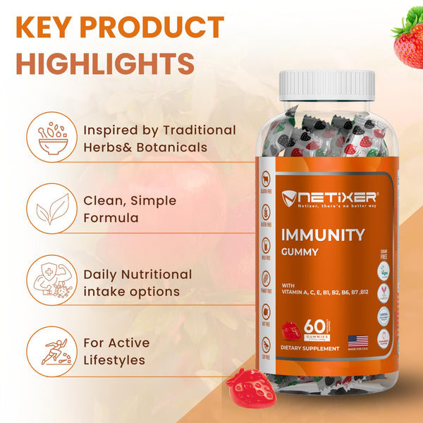 nETiXER Immunity Gummies – 60 Vegan Berry Gummies with Vitamins A, C, D, E, B12, Biotin, Zinc, Iodine – Gelatin-Free, Gluten-Free, Non-GMO – No Artificial Colors or Flavors | Individually Wrapped