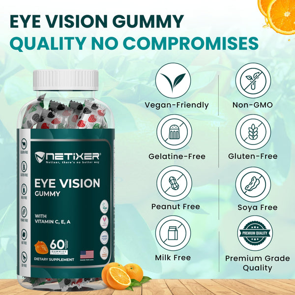 nETiXER Eye Vision Gummies – 60 Berry-Flavored Vegan Gummies with Lutein, Zeaxanthin, Astaxanthin, DHA, Vitamins A, C, E – Gelatin-Free, Gluten-Free | Individually Wrapped