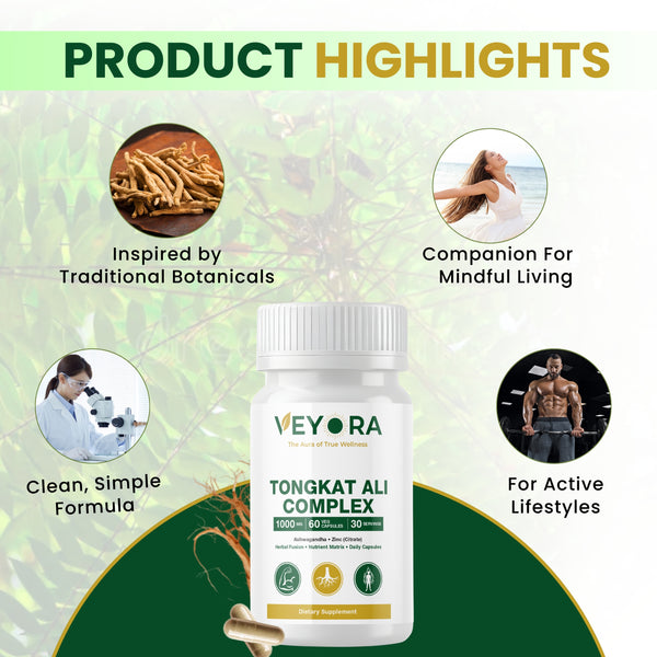 VEYORA Tongkat Ali Complex 1000mg | Tongkat Ali + Ashwagandha + Zinc | 60 Vegan Capsules