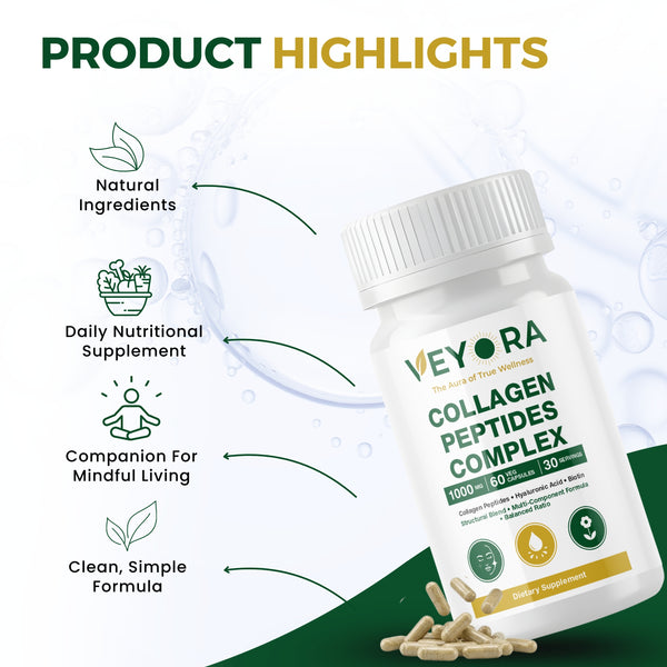 VEYORA Collagen Peptides Complex 1000mg | Vegan Collagen + Hyaluronic Acid + Biotin | 60 Vegan Capsules