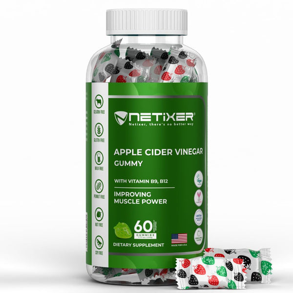 nETiXER Apple Cider Vinegar Gummies – 350mg Apple Cider Vinegar per Gummy – with Vitamin B9 & B12 – Vegan Pectin Gummies – Individually Wrapped – 60 Gummies
