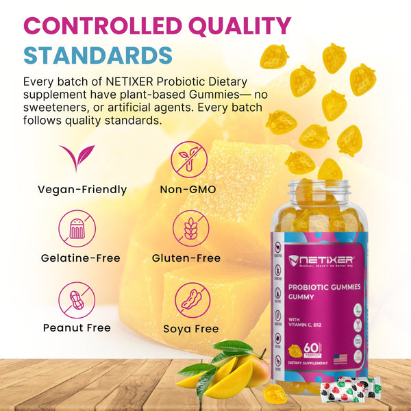 nETiXER Probiotic Gummies with Vitamin C, Vitamin B12, Folic Acid, Zinc, Niacinamide, Riboflavin & Probiotics (40 Million CFU) | 60 Vegan Gummies | Mango Flavor | Gluten-Free | Individually Wrapped