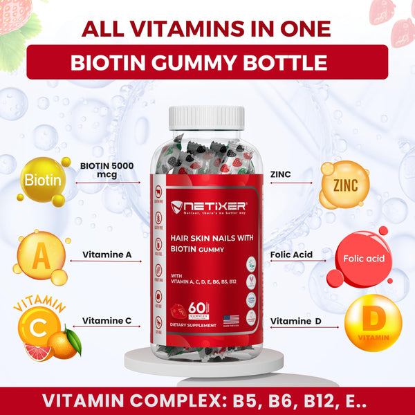 nETiXER Biotin Gummies 5000 mcg | Multivitamin Gummies | Vitamins A C D E B6 B12 with Zinc | Strawberry Flavor | Vegan | Individually Wrapped | 60 Count
