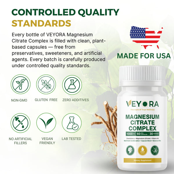 VEYORA Magnesium Citrate Complex 1000mg | Chasteberry + Vitamin B6 | 60 Vegan Capsules
