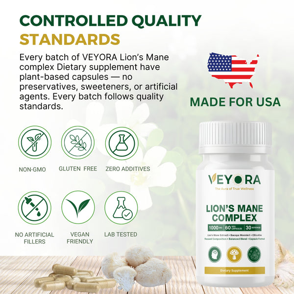 VEYORA Lion's Mane Complex 1000mg | Bacopa + Citicoline | 60 Vegan Capsules