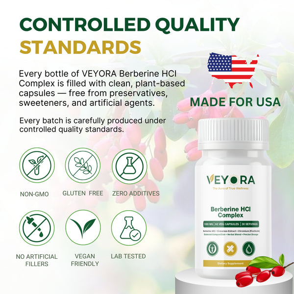 VEYORA Berberine HCl Complex 1000mg | Berberine + Cinnamon + Chromium | 60 Vegan Capsules