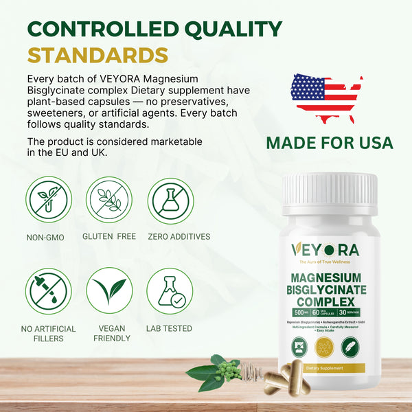 VEYORA Magnesium Bisglycinate Complex | KSM-66® Ashwagandha + GABA + L-Theanine + Melatonin | 60 Veg Capsules