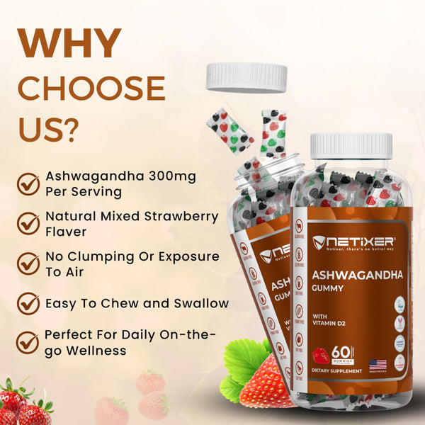 nETiXER Ashwagandha Gummies – Vegan, Strawberry Flavor – with KSM-66 300mg & Vitamin D2 50mcg – Gluten-Free, Gelatin-Free, Non-GMO – 60 Gummies – Adaptogen Supplement for Adults