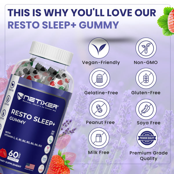 nETiXER Resto Sleep+ Gummies – Melatonin 5mg, Valerian Root 30mg, Chamomile, Lavender | with Vitamin C, E, B1, B2, B3, B5, B6, B12 | 60 Vegan Gummies | Strawberry Flavor | Individually Wrapped