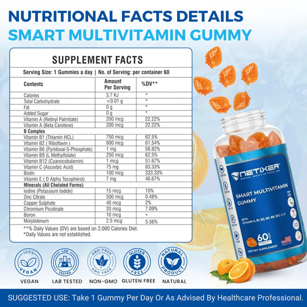 nETiXER Multivitamin Gummies – 60 Vegan Berry Gummies with Vitamins A, C, D, E, B12, Biotin, Zinc, Iodine – Gelatin-Free, Gluten-Free, Non-GMO – No Artificial Colors or Flavors | Individually Wrapped