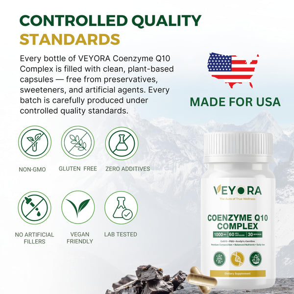 VEYORA Coenzyme Q10 Complex 60 Veg Capsules Premium CoQ10 + PQQ + ALC + Resveratrol & Shilajit Balanced Nutrient Blend for Daily Use