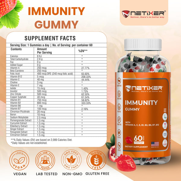 nETiXER Immunity Gummies – 60 Vegan Berry Gummies with Vitamins A, C, D, E, B12, Biotin, Zinc, Iodine – Gelatin-Free, Gluten-Free, Non-GMO – No Artificial Colors or Flavors | Individually Wrapped