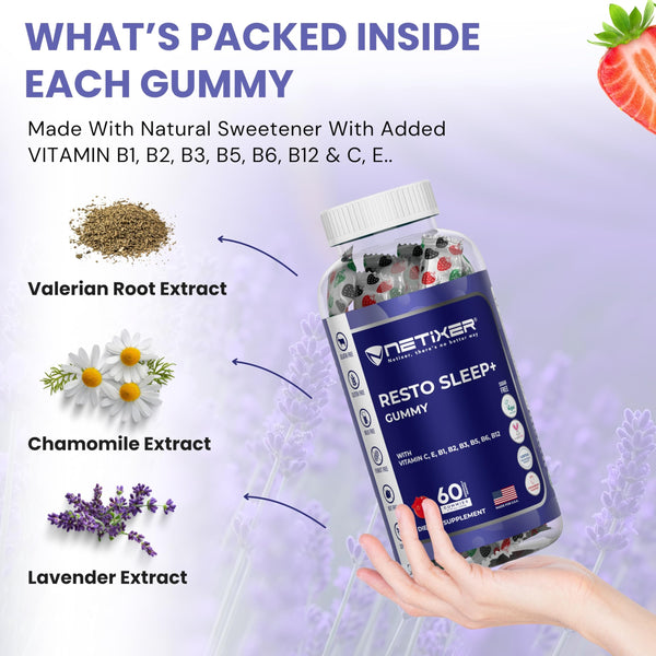 nETiXER Resto Sleep+ Gummies – Melatonin 5mg, Valerian Root 30mg, Chamomile, Lavender | with Vitamin C, E, B1, B2, B3, B5, B6, B12 | 60 Vegan Gummies | Strawberry Flavor | Individually Wrapped