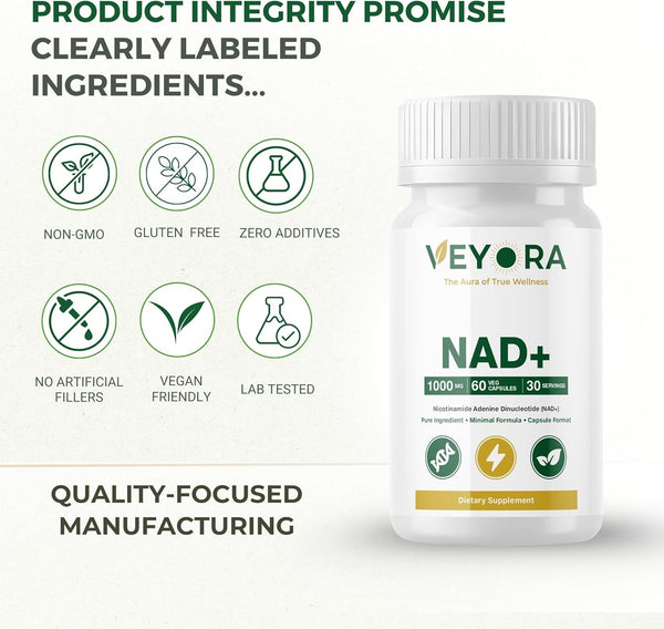 VEYORA NAD+ 1000 mg | 60 Vegan Capsules | Nicotinamide Adenine Dinucleotide (NAD+) | Dietary Supplement | Non-GMO | Gluten-Free | Made for USA