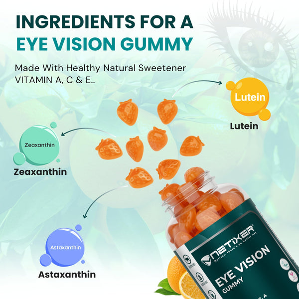 nETiXER Eye Vision Gummies – 60 Berry-Flavored Vegan Gummies with Lutein, Zeaxanthin, Astaxanthin, DHA, Vitamins A, C, E – Gelatin-Free, Gluten-Free | Individually Wrapped