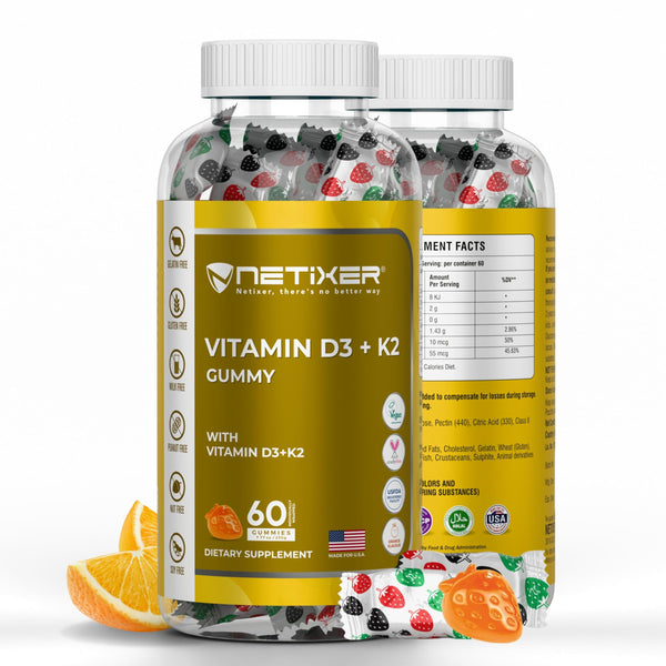 nETiXER Vitamin D3 K2 Gummies for Adults – 60 Vegan Orange Gummies | 400 IU (10 mcg) D3 + 55 mcg Vitamin K2 MK-7 | Individually Wrapped, Gelatin-Free, Gluten-Free, Non-GMO | Halal Certified