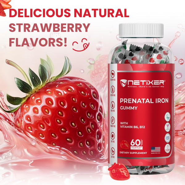 NETIXER Prenatal Iron Gummies – 60 Vegan Gummies | Iron 30 mg, Folic Acid 400 mcg, Vitamin B6 & B12 | Pregnancy Vitamins for Women | Gelatin-Free, Gluten-Free | Individually Wrapped, Strawberry Flavor