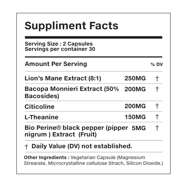 VEYORA Lion’s Mane Complex 1000 mg | 60 Vegan Capsules | Lion’s Mane Mushroom + Bacopa + Citicoline | Plant-Based Non-GMO Formula