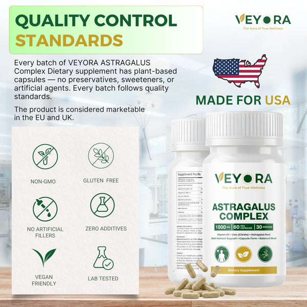 VEYORA Astragalus Complex 1000 mg | Astragalus Root, Elderberry & Beta-Glucans | with Vitamin D3, K2, Zinc & Selenium | 60 Vegan Capsules | Made for USA