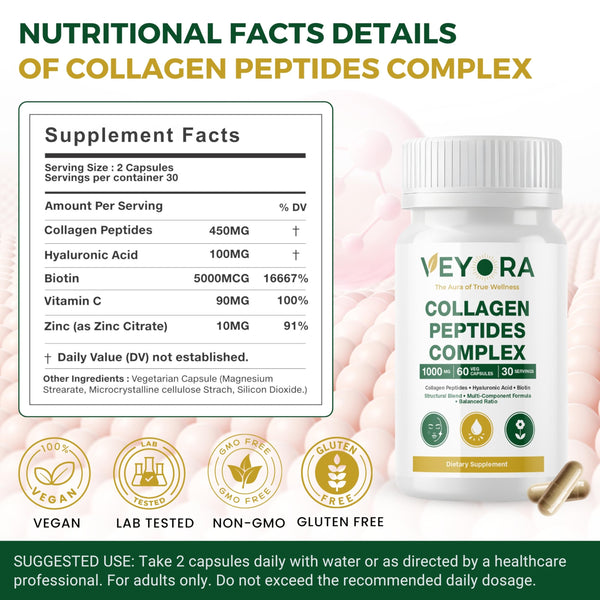 VEYORA Collagen Peptides Complex 1000 mg | 60 Vegan Capsules | with Hyaluronic Acid & Biotin | Plant-Based Marine-Free Formula Beauty Wellness