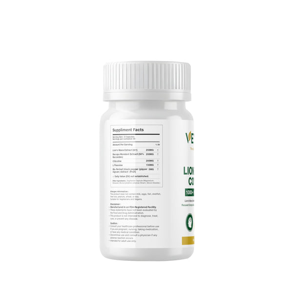 VEYORA Lion’s Mane Complex 1000 mg | 60 Vegan Capsules | Lion’s Mane Mushroom + Bacopa + Citicoline | Plant-Based Non-GMO Formula