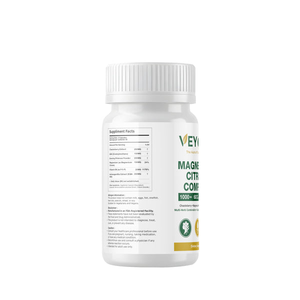 VEYORA Magnesium Citrate Complex 1000 mg | 60 Vegan Capsules | with Chasteberry & Vitamin B6 | Plant-Based Clean Label | Non-GMO | Gluten-Free