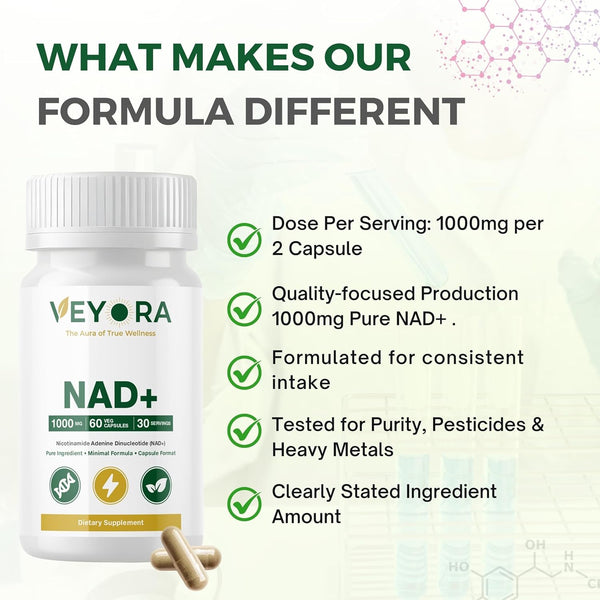 VEYORA NAD+ 1000 mg | 60 Vegan Capsules | Nicotinamide Adenine Dinucleotide (NAD+) | Dietary Supplement | Non-GMO | Gluten-Free | Made for USA