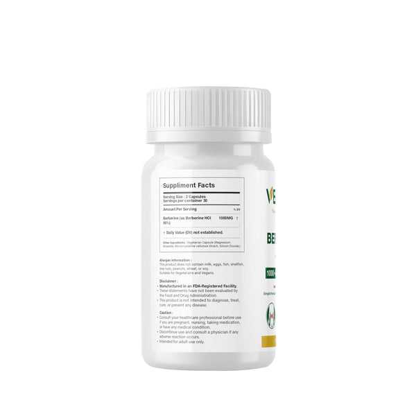 VEYORA Berberine HCl 1000 mg | 60 Vegan Capsules | Pure Berberine Hydrochloride | Plant-Based Clean Label | Non-GMO | Gluten-Free