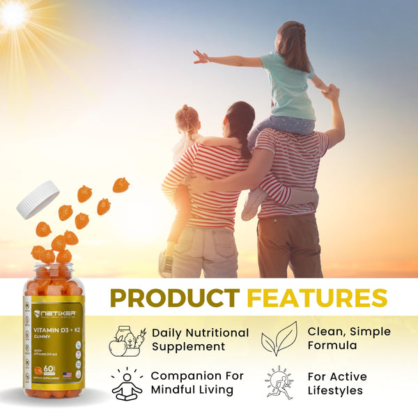 nETiXER Vitamin D3 K2 Gummies for Adults – 60 Vegan Orange Gummies | 400 IU (10 mcg) D3 + 55 mcg Vitamin K2 MK-7 | Individually Wrapped, Gelatin-Free, Gluten-Free, Non-GMO | Halal Certified