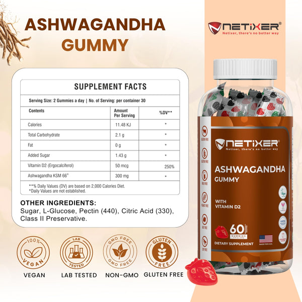 nETiXER Ashwagandha Gummies – Vegan, Strawberry Flavor – with KSM-66 300mg & Vitamin D2 50mcg – Gluten-Free, Gelatin-Free, Non-GMO – 60 Gummies – Adaptogen Supplement for Adults