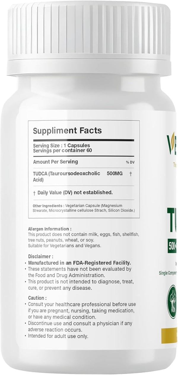 TUDCA 500mg | Tauroursodeoxycholic Acid | 60 Vegan Capsules | Single Ingredient Bile Salt | Non-GMO | Gluten Free | Soy Free | Dairy Free | Clean Label Supplement for Men and Women