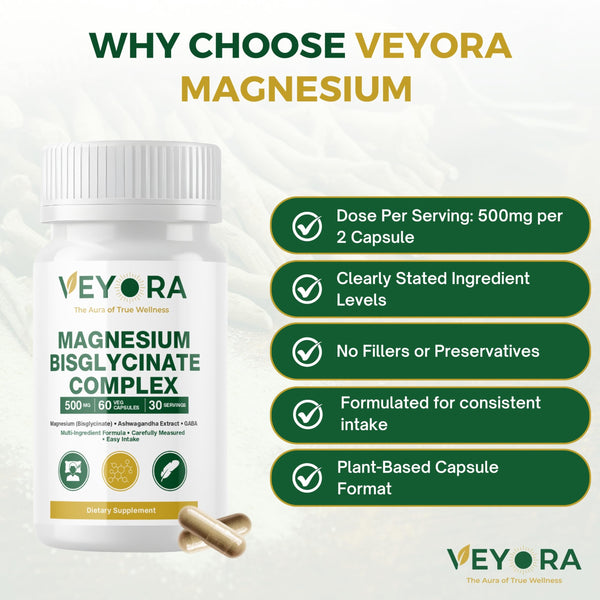 VEYORA Magnesium Bisglycinate Complex Capsules | 120 mg Magnesium per Serving | with KSM-66® Ashwagandha, GABA, L-Theanine & Melatonin | 60 Veg Capsules | Made for USA
