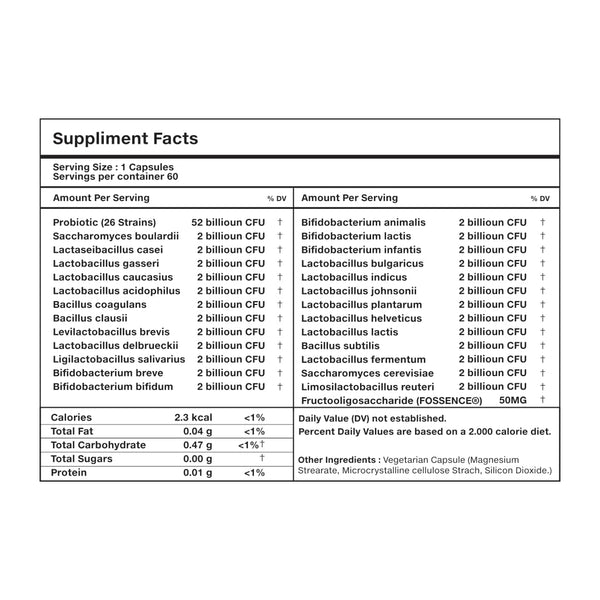 VEYORA 26-Strain Pre + Probiotic Capsules 52 Billion CFU FOSSENCE® Prebiotic Fiber Blend